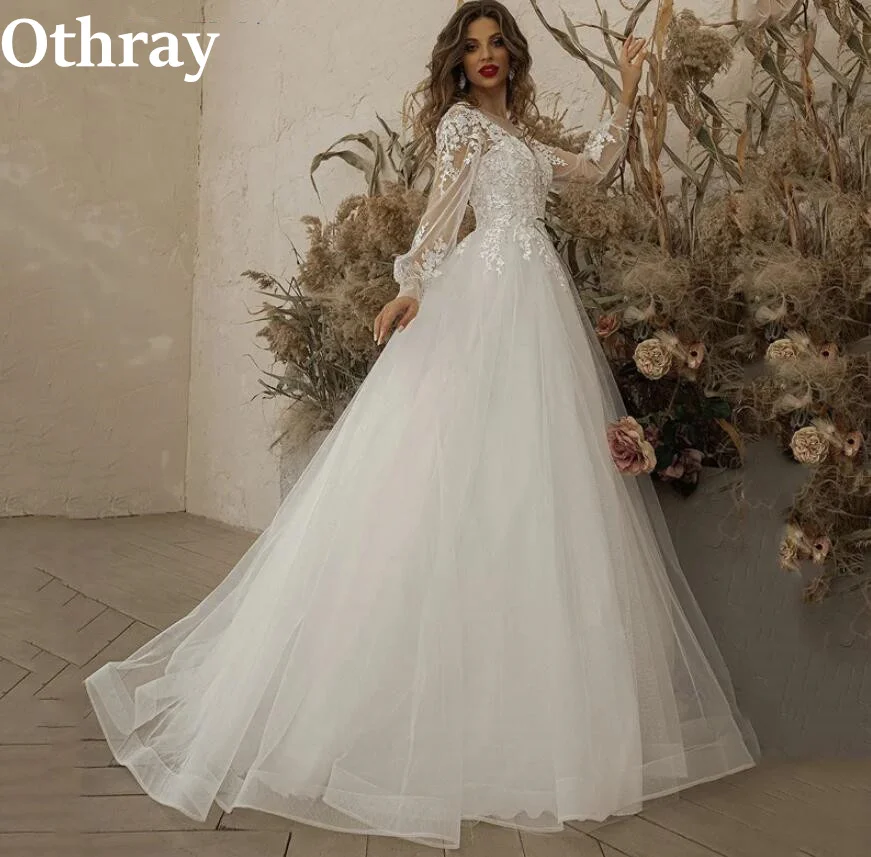 Фото Othray Сладкие кружевные свадебные платья трапециевидной формы с пышными рукавами и шнуровкой сзади Свадебные платья Contry Vestidos De Novia №1