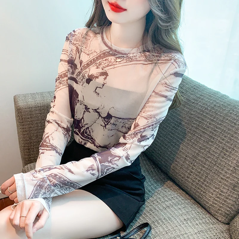 

Ladies Mesh Hollowed Out See-through Graphic T Shirts Women Clothing Girls Casual Basic Sexy Tops Female Clothes Py1121-1