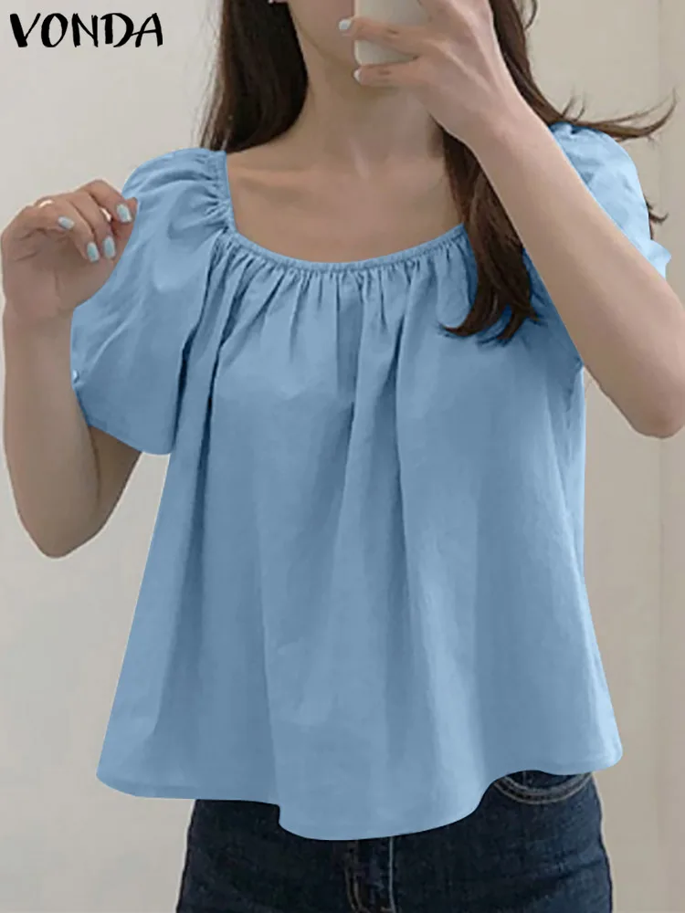 

VONDA Women Short Sleeve Square Collar Blouse 2022 Sexy Summer Casual Baggy Pleated Tops Casual Blusas Femininas Oversized