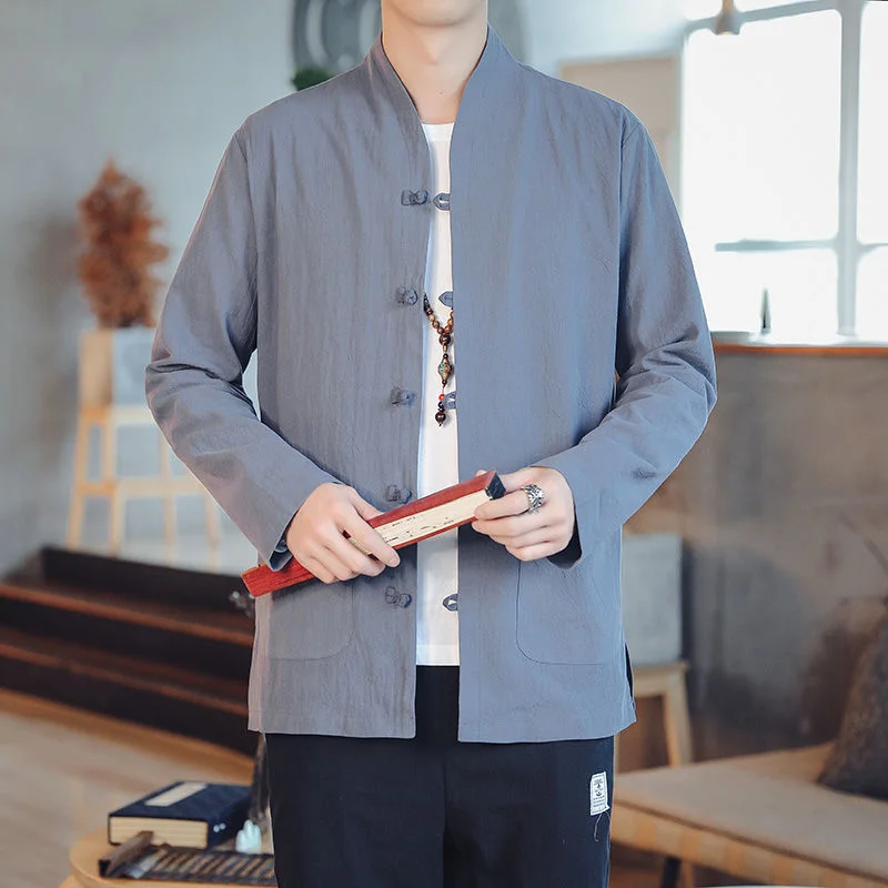 

MRGB Cotton Line Fashion Men's Shirt Chinese Style Solid Color Loose Man Shirt Stand Collar Oversized Spring Summer Men Shirts