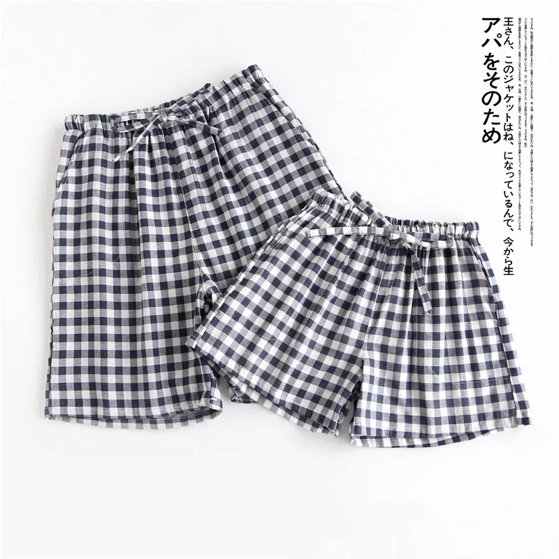Japanese Summer Shorts Pajama Plaid Pants Women Fresh Multi-color Double-layer Cotton Gauze Thin Men's Loungewear Couple Pants
