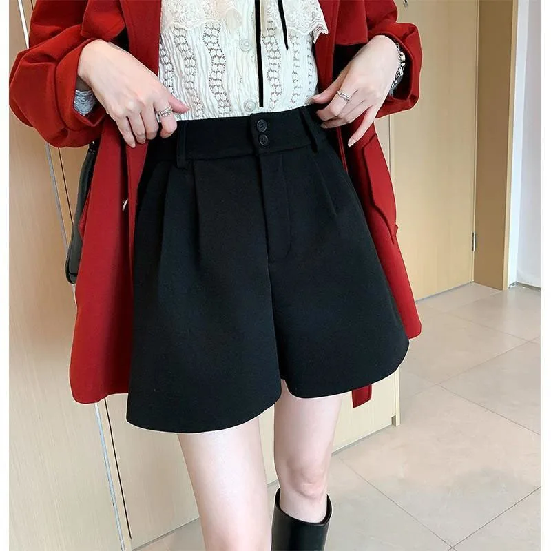 Korean Female High Waist Woolen Shorts Autumn Winter Ladies Leisure A-line Wide Leg Boots Pantalons New Women Fashion Trousers