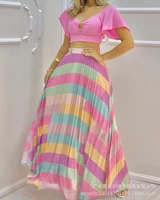 women solid color v neck short sleeve top colorful maxi skirt 2 piece sets