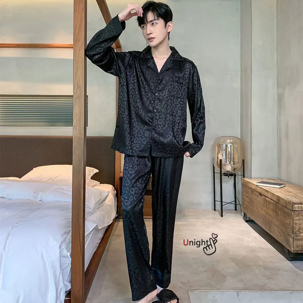 Men Silk Satin Pajamas Sets Long Sleeve Pyjamas Suit Sleepwear Pijama Men Loungewear Plus Size Set L-5XL Sleepwear Set