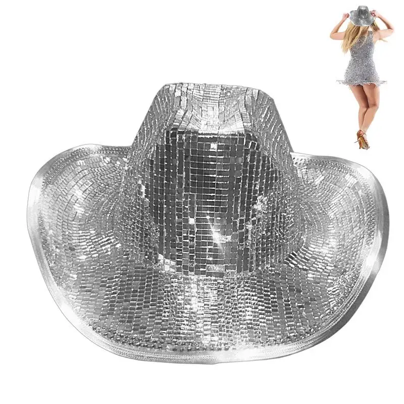 

Cowboy Hat Neon Sparkly Glitter Cowgirl Hats Mirrored Glass Jewels Mesh Accents Women Horseback Riding Tourism Sunshade Hat