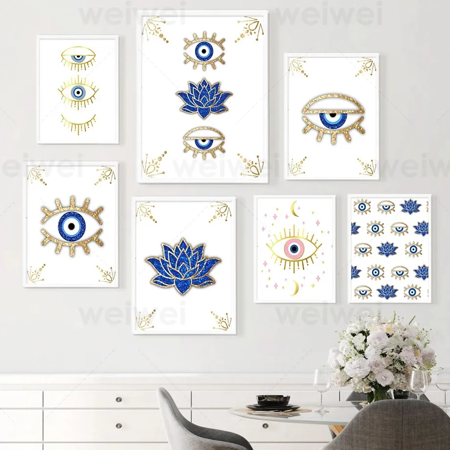 

Evil Eye Gold Blue Pink Sparkly Lotus Wall Art Canvas Painting Nordic Poster and Print Pictures for Living Boho Room Home Decor