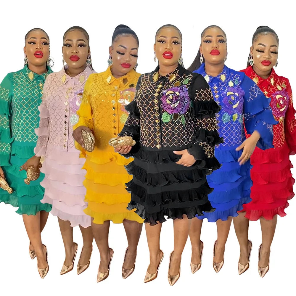XL-5XL plus size Dresses for Women Summer Women Long Sleeve Green Pink Yellow Black Knee-length Dress African Clothes