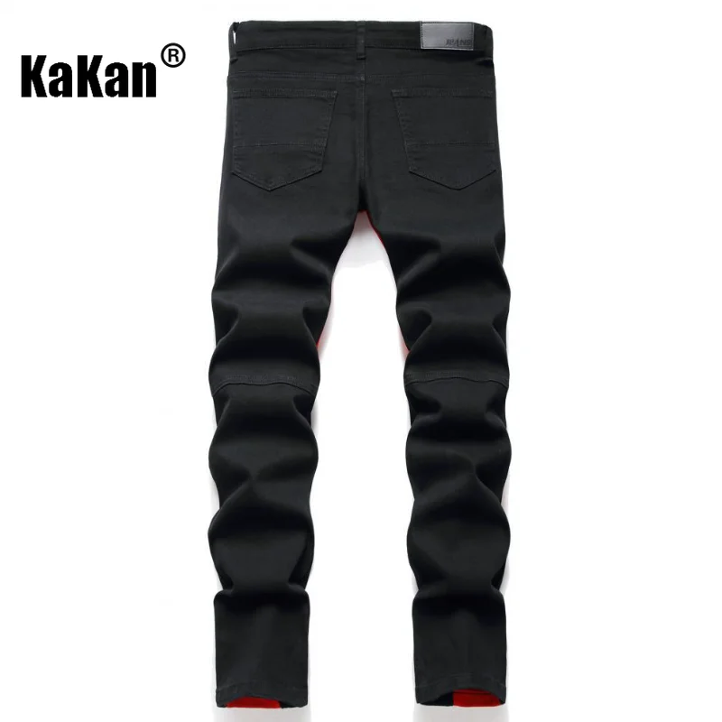Kakan - New European and American Men's Jeans, Slim Fitting Straight Tube Black Red Patchwork Checkered Denim Pants K23-7275
