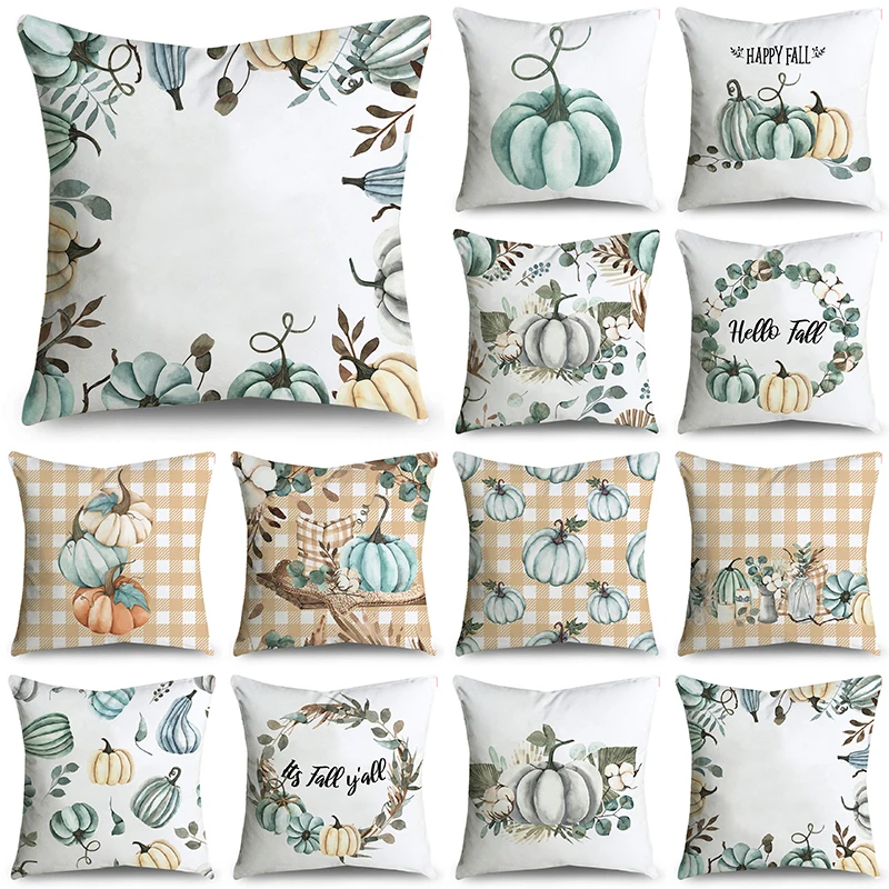 

Modern Fall Blue Grey Big Pumpkin Flowers Polyester Throw Pillowcase Cushion Covers For Sofa Office Bedroom Decor Multiple Size