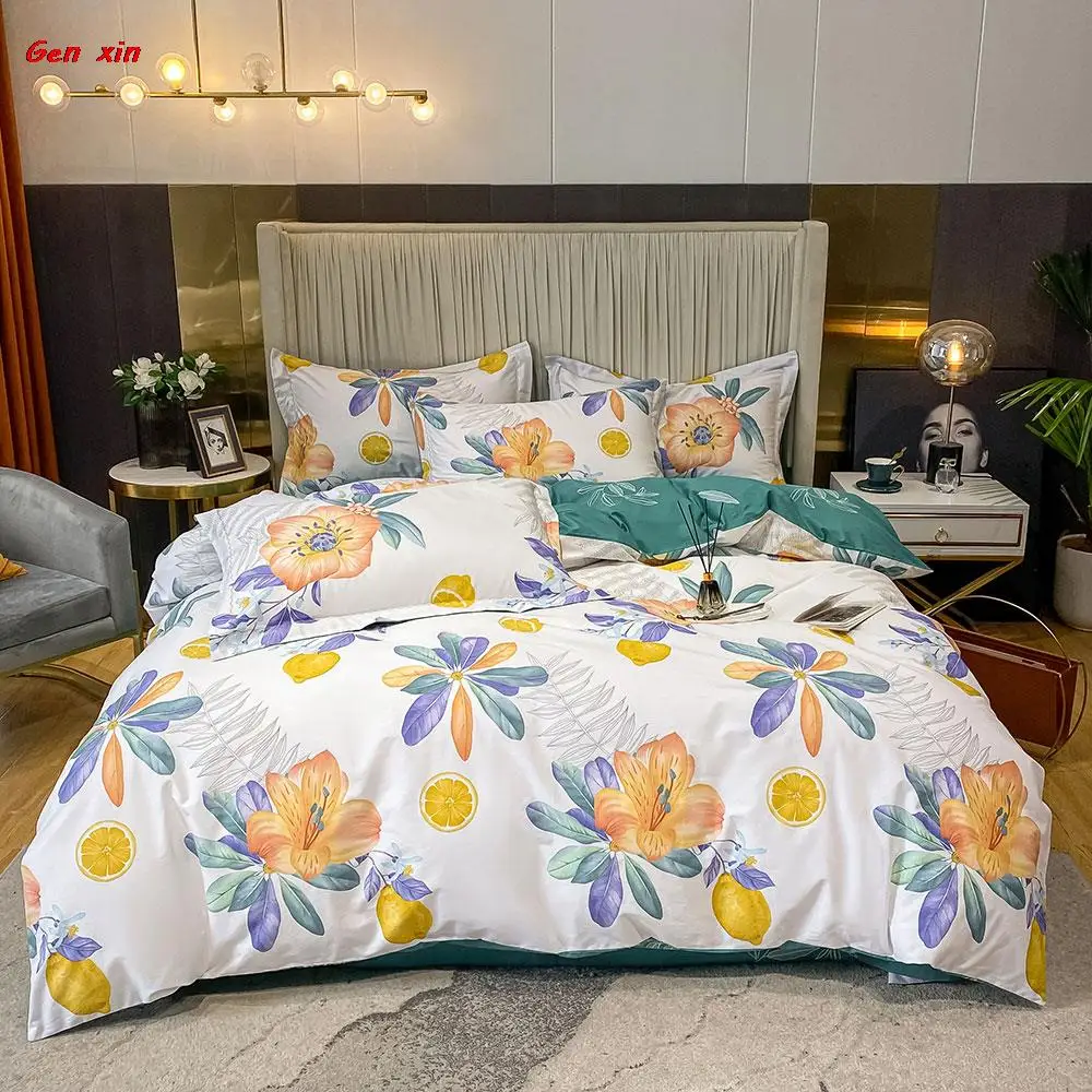 

Papa&Mima Lemon Orange Flowers Pastoral Duvet Cover Set Cotton Queen King Size Bedding Set Bedlinens Flat Sheet Pillow Cases