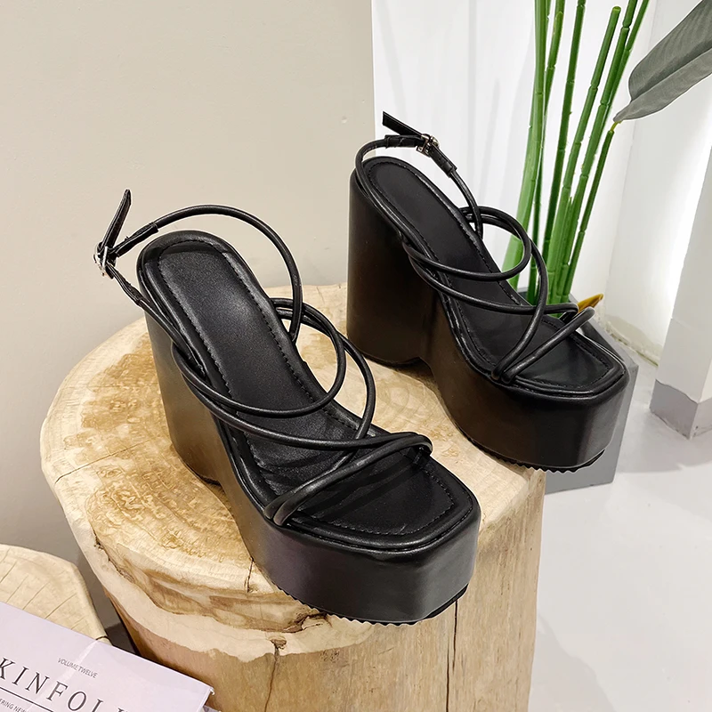2022 Platform Narrowstrap Open Toe Hollow Women's Sandals Summer Wedges14CM High Heels Solid Color Simple Gladiator Bread Shoes