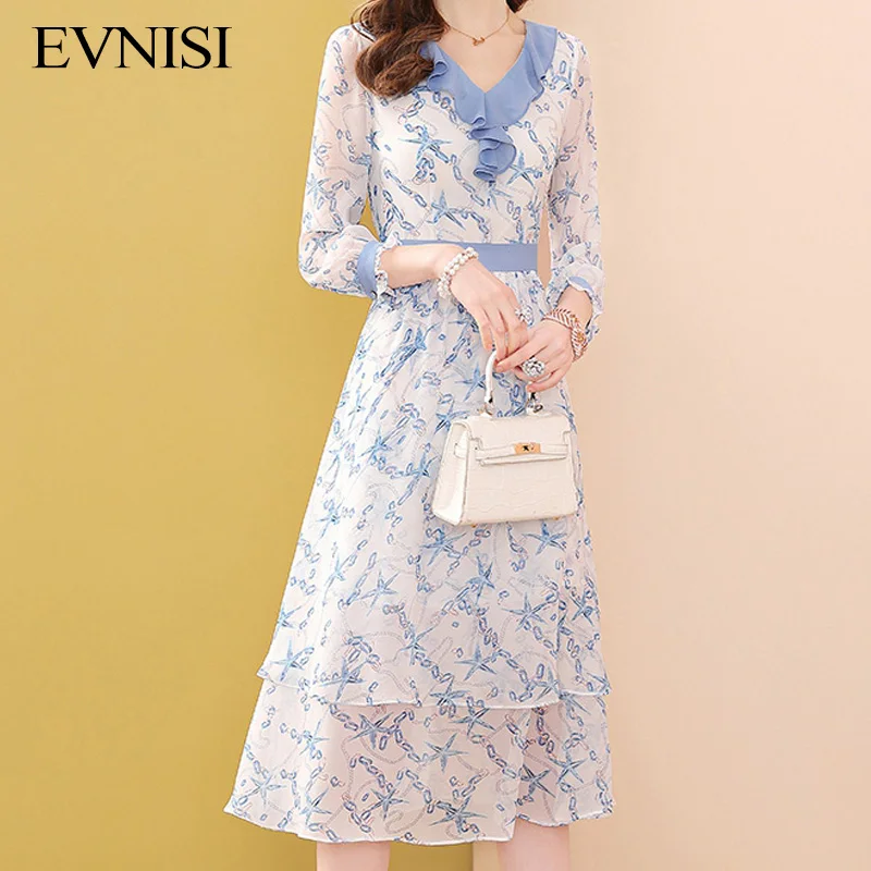 EVNISI Blue Floral Chiffon Dress Women Spring And Summer 2022 New Fashion Ruffled Collar Dresses Elegant A-line Vestidos