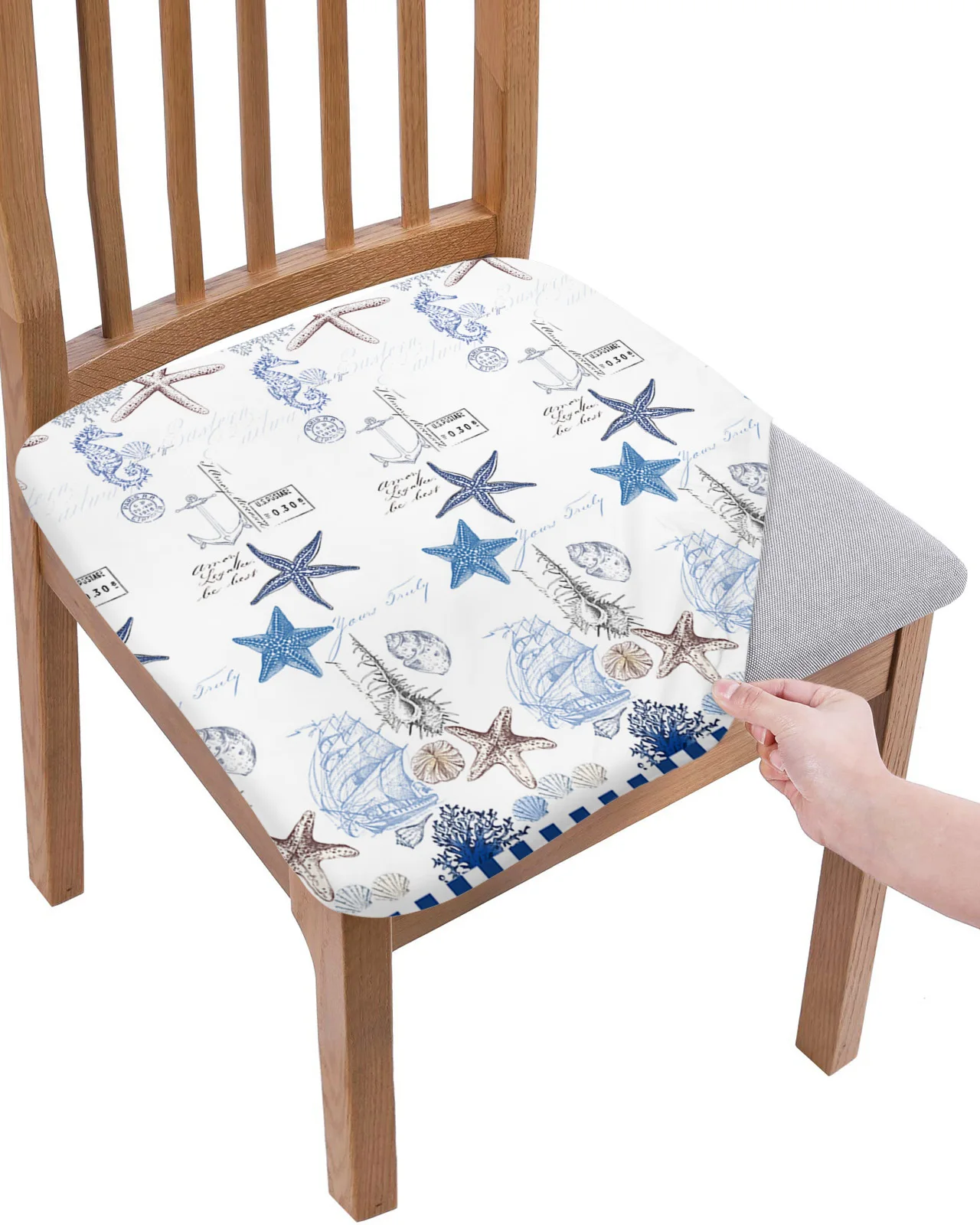 Blue Ocean Starfish Anchor Shell Coral Boat Elastic Seat Cover For Chair Slipcovers Home Chair Protector Stretch Chair Cover