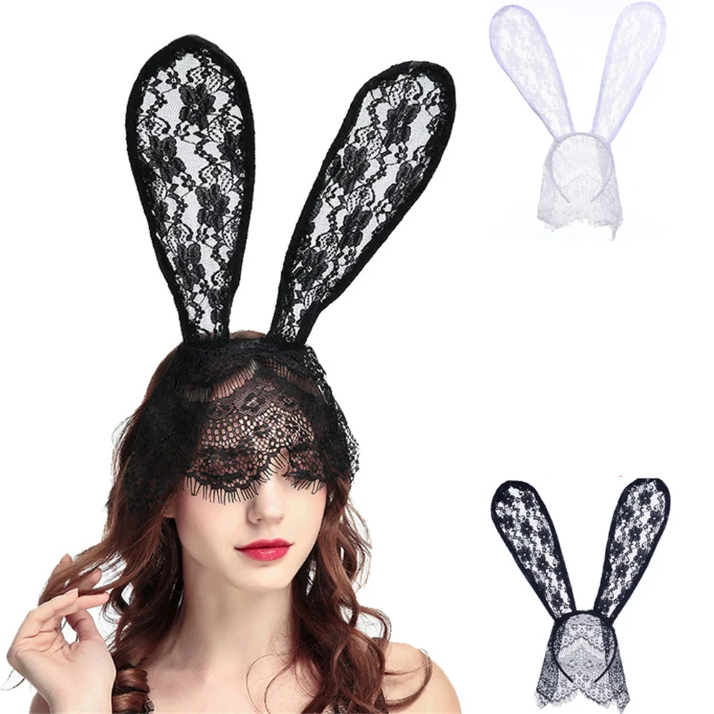 

Sexy Black White Lace Masquerade Mask Women Halloween Costume Party Rabbit Bunny Ears Lace Eye Mask Nightclub Cosplay Party Prop