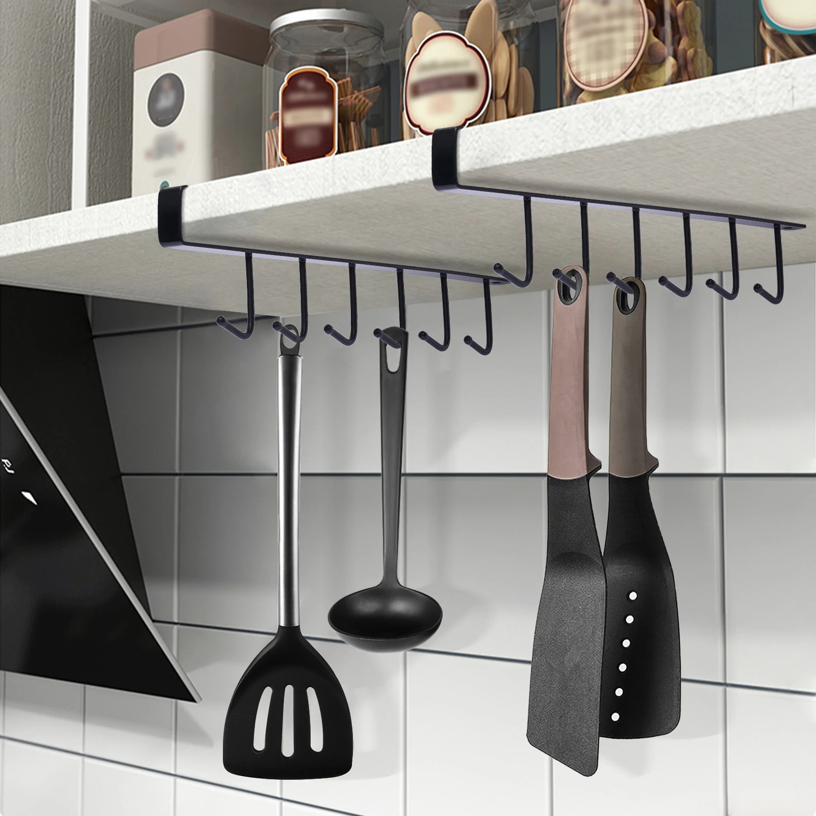 

2x 6-Hook Cup Holder Hang Kitchen Cabinet Under Shelf Storage Rack Organizer Top