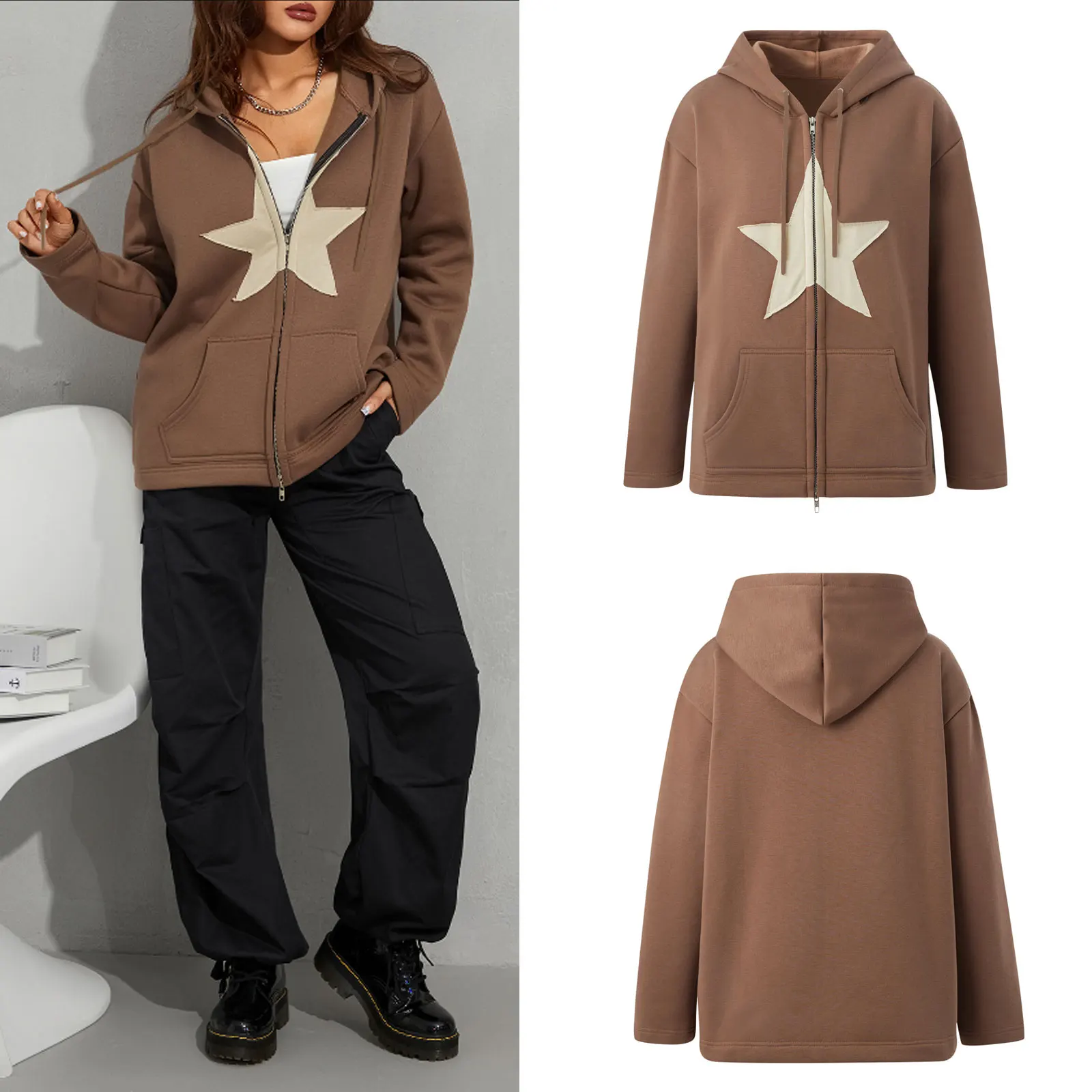 

Модная однотонная куртка Y2K для девочек с принтом в виде пентаграммы, осенняя Повседневная Свободная Толстовка, женский кардиган на молнии, ...