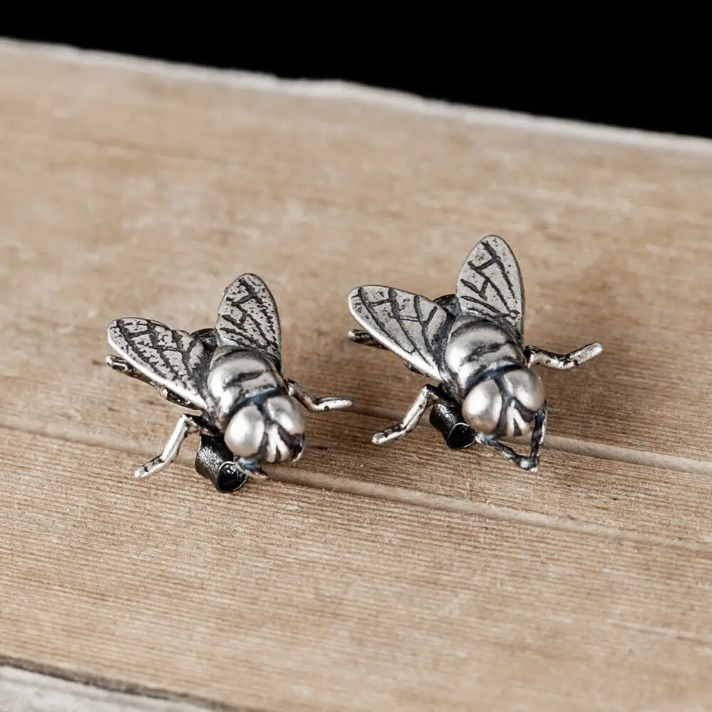 

Solid 925 Sterling Silver fly housefly Stud Earrings Punk Gothic Nice Gift