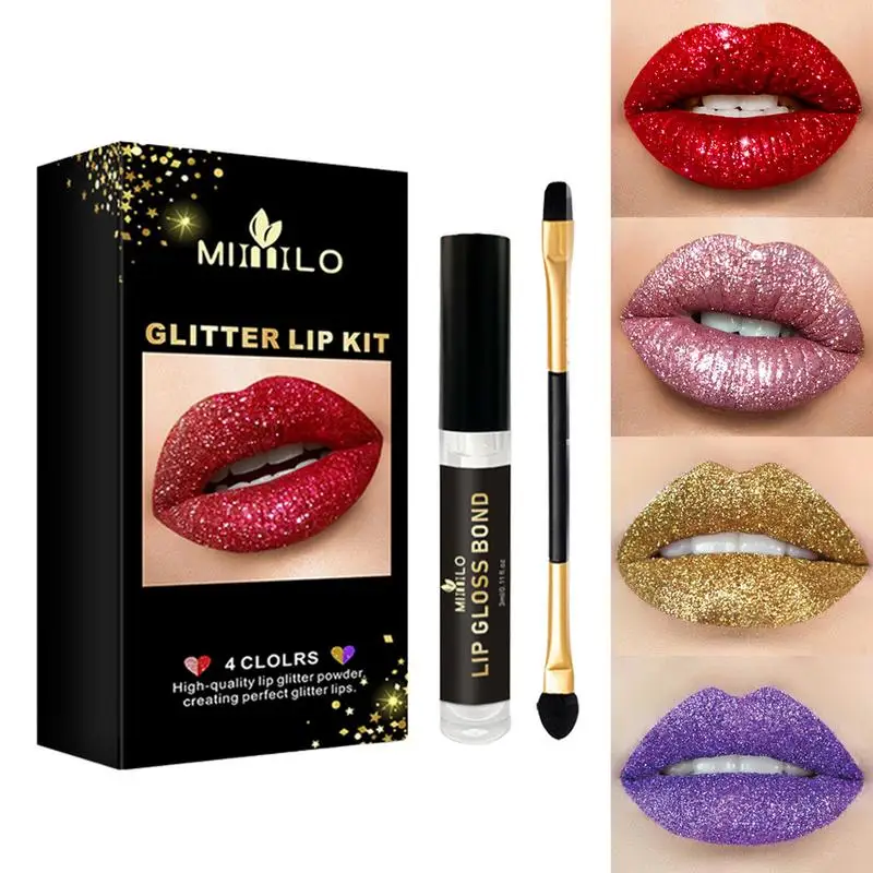 

Stay Golden Cosmetics Glitter Lip Kit 4 Colors Glitter Powder Diamond Shimmer Long Lasting Waterproof Makeup Lips Gloss Lipstick
