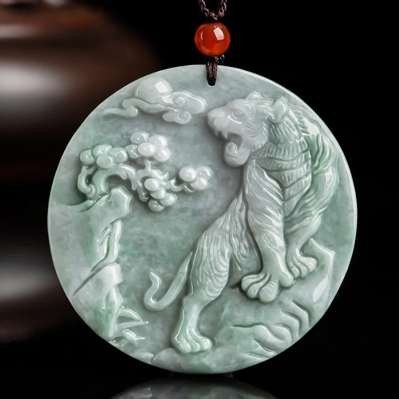 

Natural Burma Jadeite Tiger Pendant Necklace Men Women Myanmar Emerald Jade Hand-carved Fengshui Tigers Charms Lucky Amulet Gift