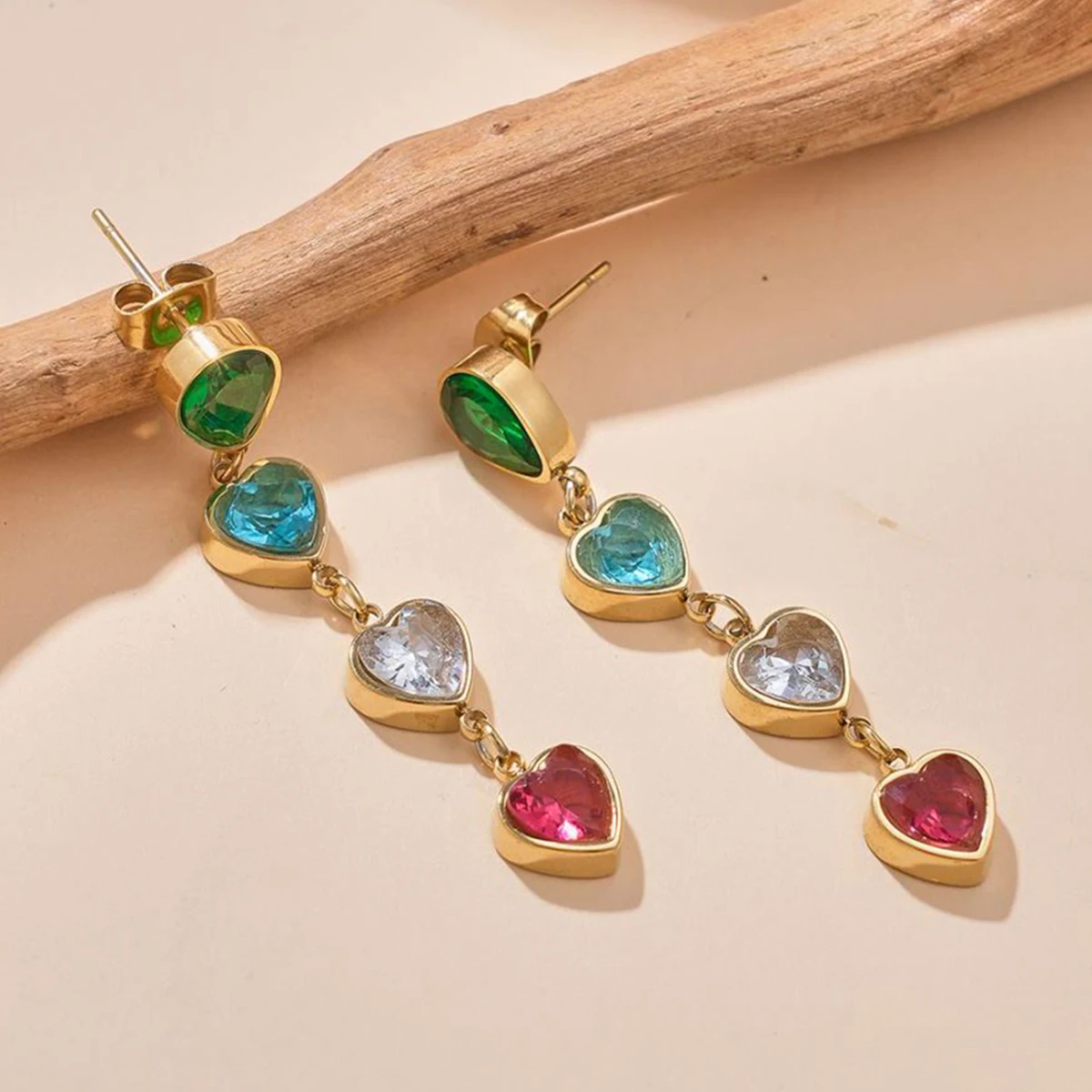 

Fashion Women Earring Colorful Heart Gemstone Drop Stainless Steel Luxury Dangle Jewelry Lady Gift