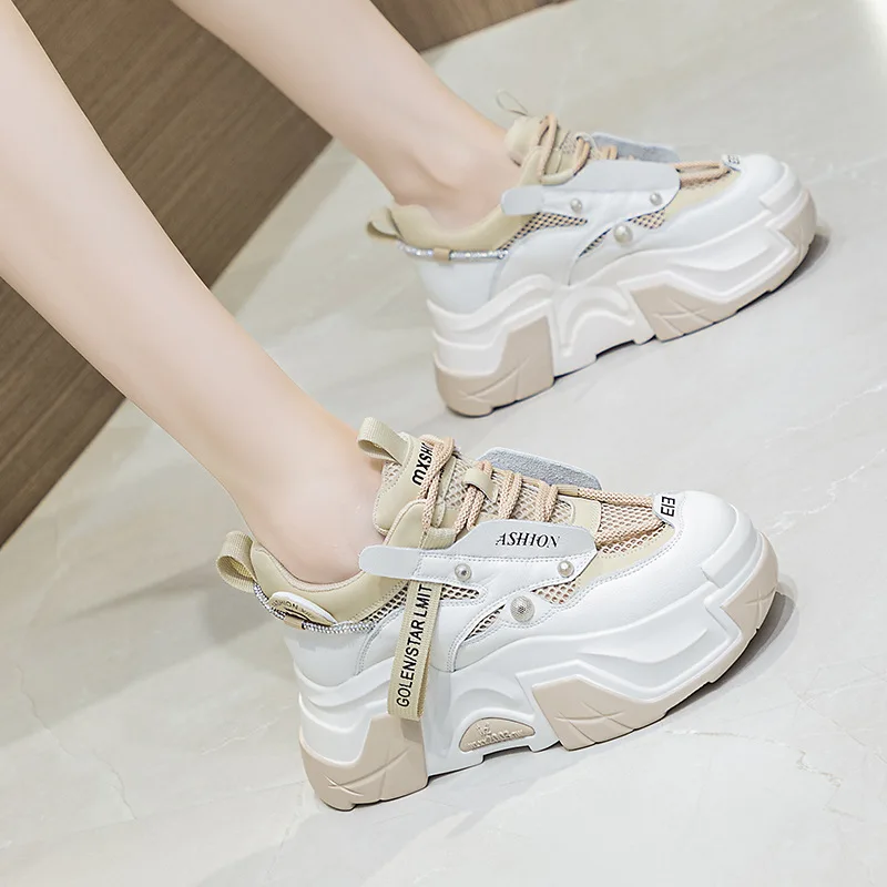 6CM Air Mesh Genuine Leather Breathable Summer Women Summer Vulcanize Platform Wedge Chunky Sneaker Hollow Lace Up Shoes