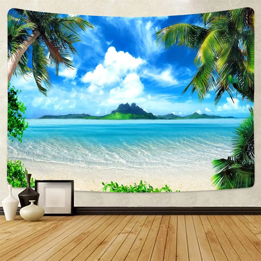 

Sea Beach Tapestry Tropical Ocean Wall Hanging Palm Trees Tapestries Island Wall Blanket Cloth Home Bedroom Living Room Decor