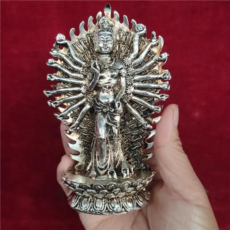 

Tibet Buddhism Miao Silver Thousand-Hand Guanyin Stands On The Lotus Collection Ornaments Statues et Sculptures