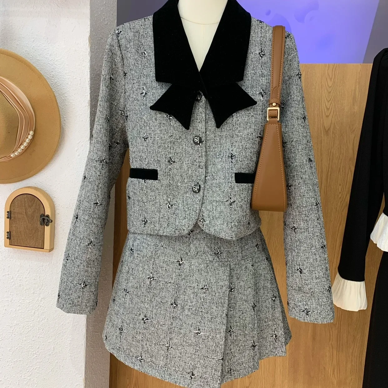 Куртка с бантом + плиссированная юбка комплект из двух предметов женская осенняя