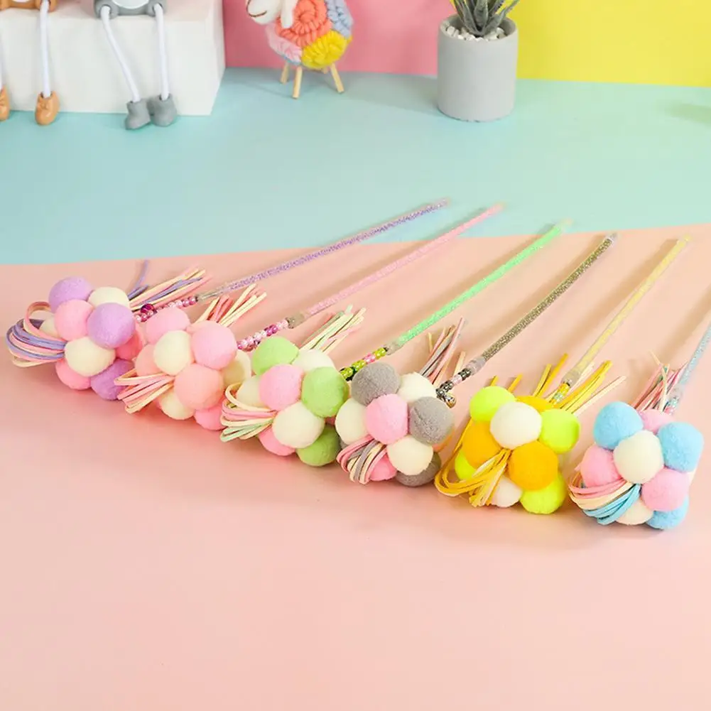 

Cat Teaser Stick With Bell Pom Pom Ball Tassel Interactive Toy Kitten Wand Sticks Pet Supplies For Relieve Boredom