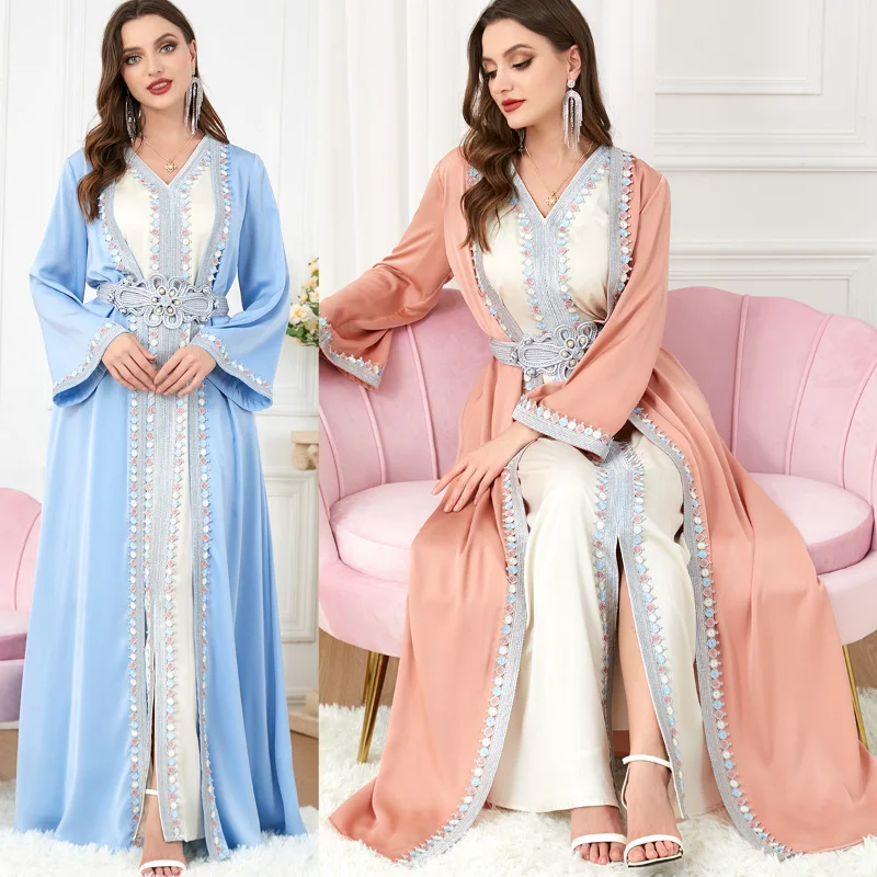 Ramadan Turkey Muslim Dress Women Abaya Morocco Party Kaftan 2 Piece Set Dresses Dubai Abayas Belted Maxi Vestdios 2023 Robe Eid