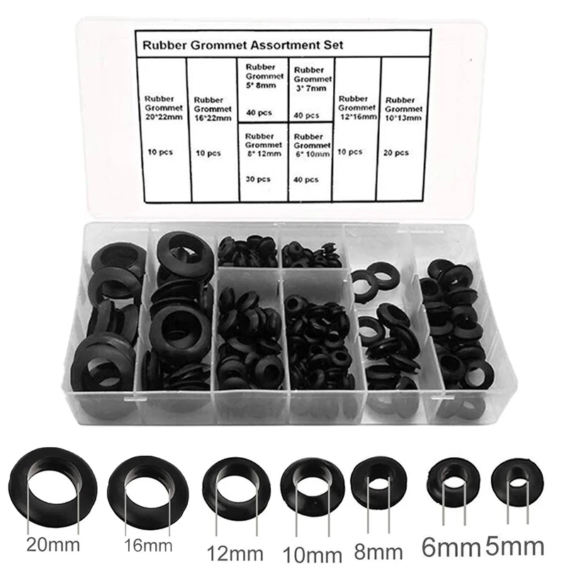 

200pcs 3-20mm Rubber Grommet Blanking Hole Wiring Cable Gasket Rubber Seal Assortment Set for Protects Wire Cable Hardware Tools