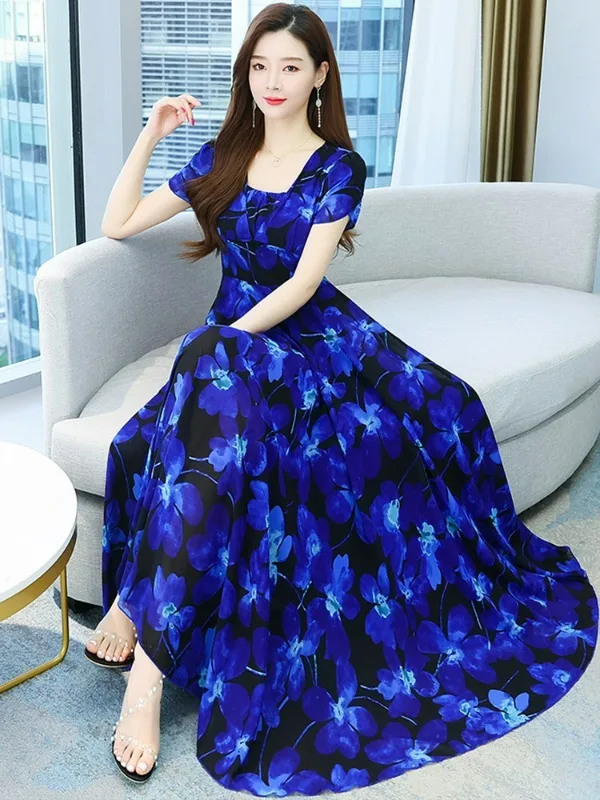 

Women Clothes for Summer 2023 Long Dress Vintage Chiffon V-Neck Blue Floral Boho Eleganti Evening Korean Fashion Party Dresses