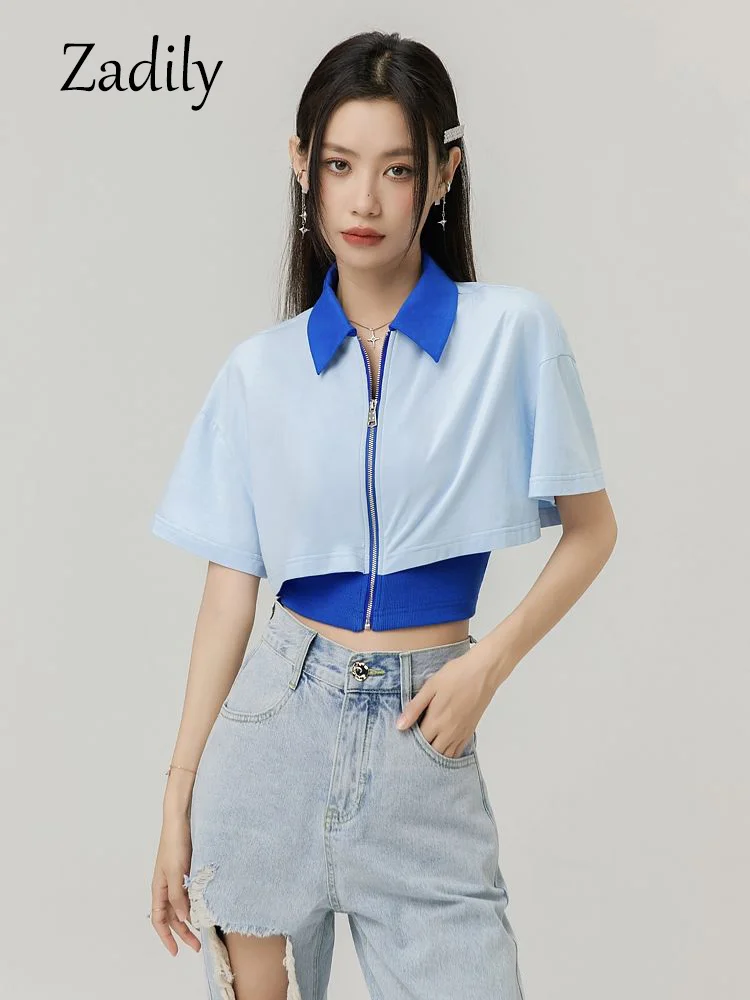 

Женская хлопковая рубашка с коротким рукавом, на молнии