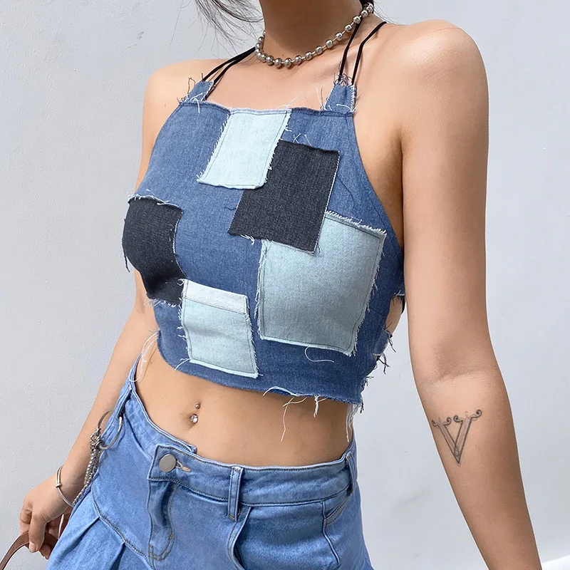 

2021 Summer Cami Tops Vintage Patchwork Blue Denim Crop Top Women Sexy Slim Backless All-Match New Drawstring Jeans Camisole