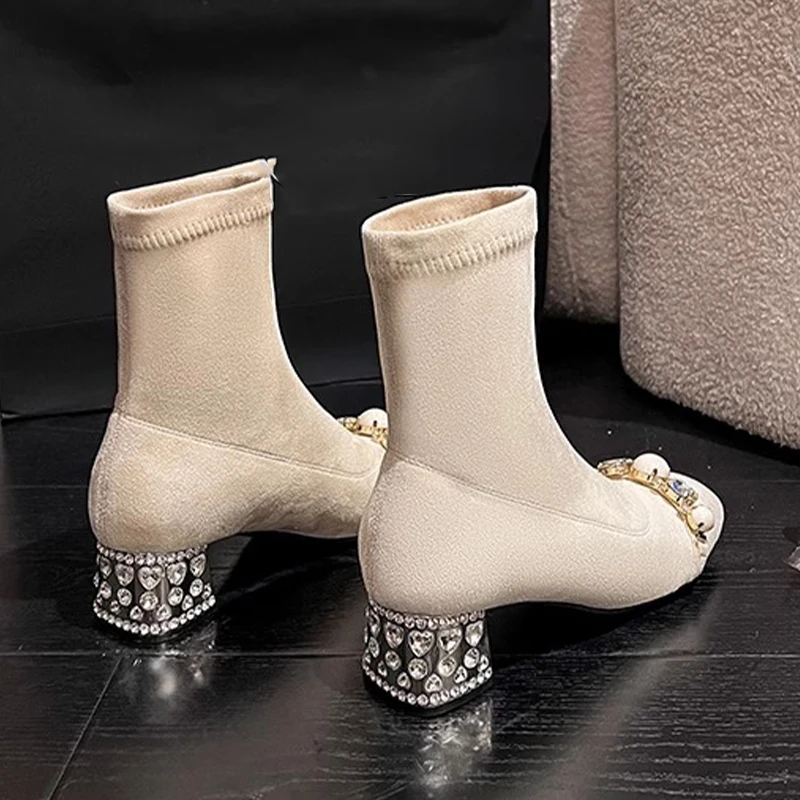 Роскошные женские ботильоны на высоком каблуке с кристаллами зимние замшевые