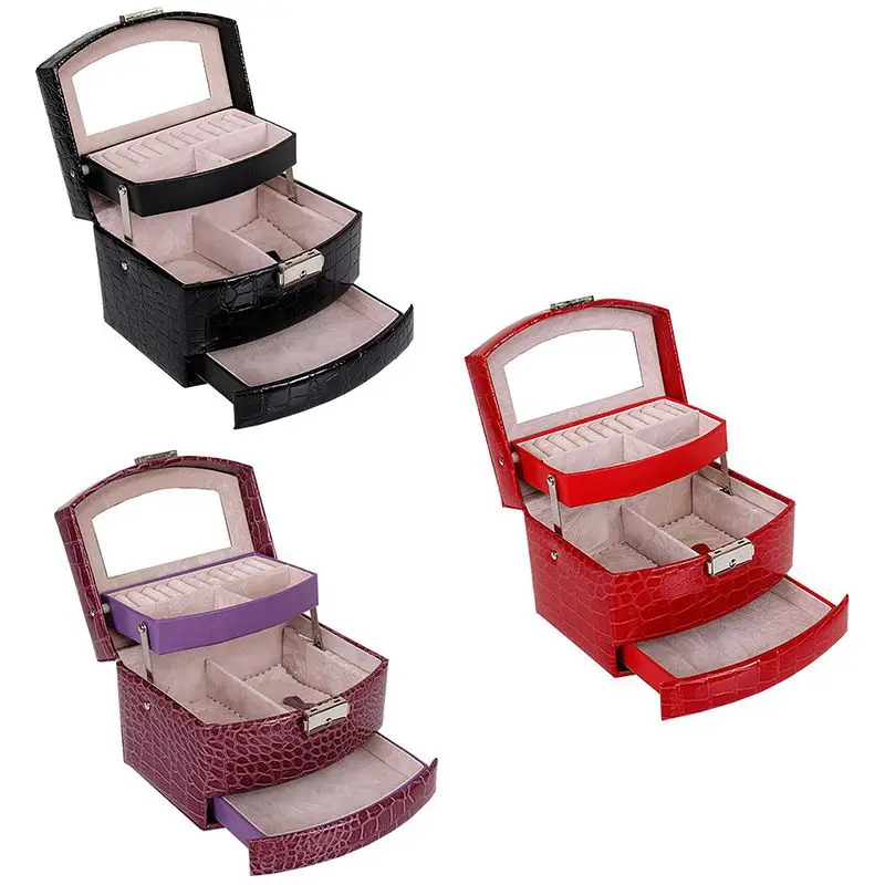 

Automatic PU Jewelry Box Three-layer Storage Box For Women Earring Ring Cosmetic Organizer Casket For Decorations