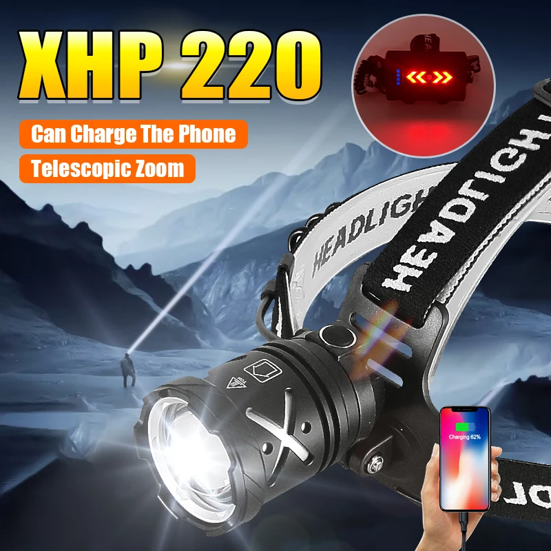 

XHP220 LED Headlamp Rechargeable Outdoor Fishing Head Flashlight High Power Zoom Headlight Powerful Long Shot Working Head Lamp