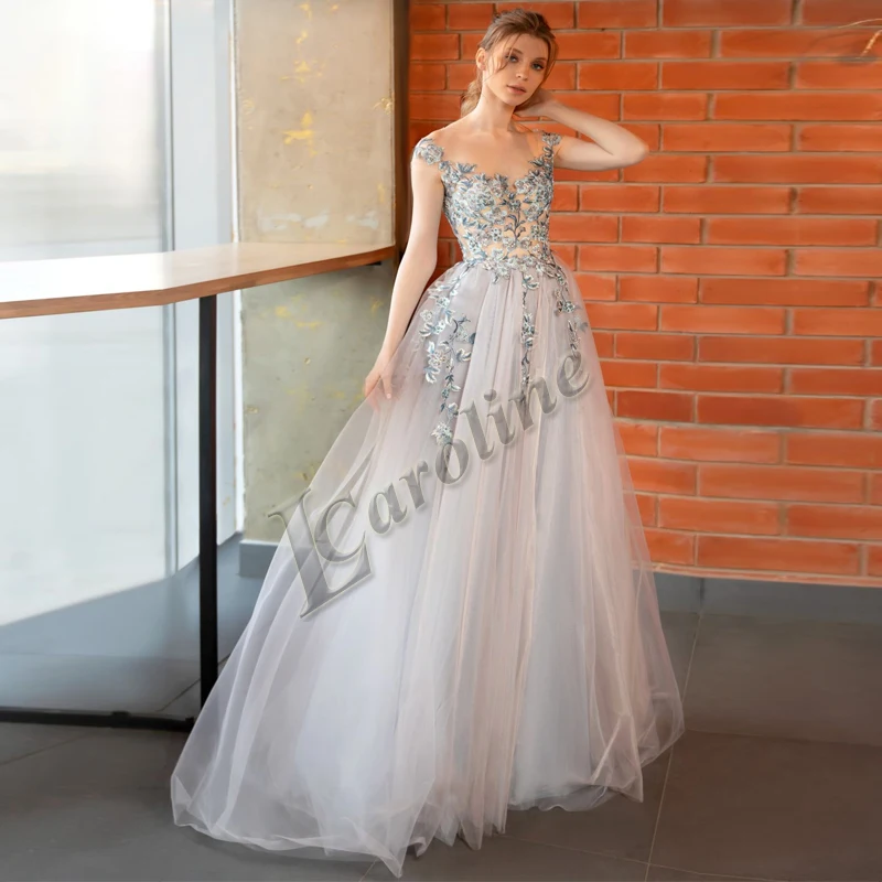 

Caroline Modern Fancy Beading Tulle Illusion Evening Dress A-Line Appliques Lace Prom Gowns Party Custom Made Robes De Soirée