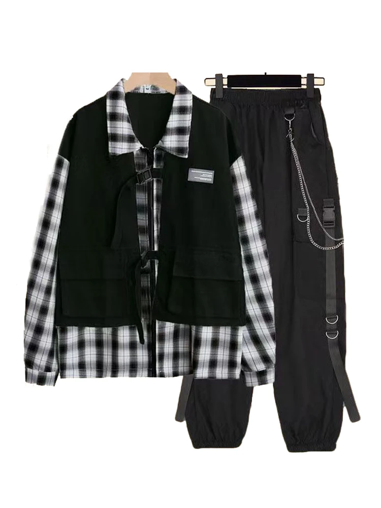 

Весенний костюм унисекс из двух предметов, блузка + брюки-карго с цепочкой, женское лоскутное клетчатое пальто + красивый комбинезон, брюки-карго