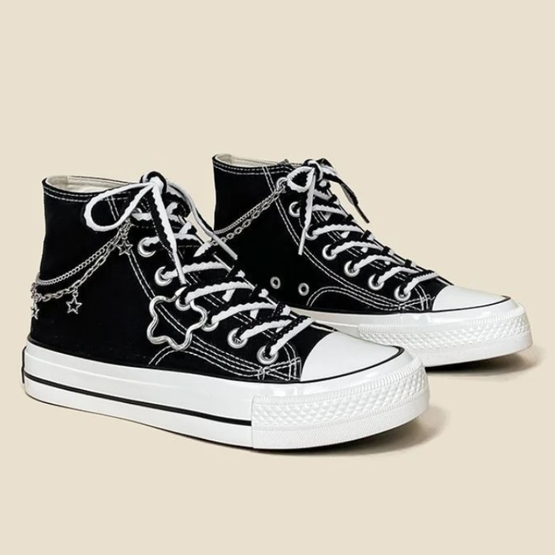 

Кеды женские с цепочкой, однотонные холщовые кроссовки, базовая Вулканизированная подошва, универсальные, для студентов, черные