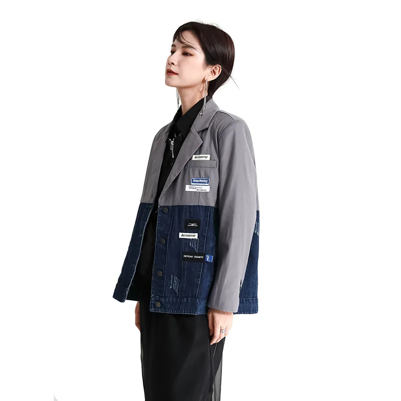 2022 Fall Designer Models Stitching Denim Suit Jacket Female Collision Color Loose Thin Small Suit