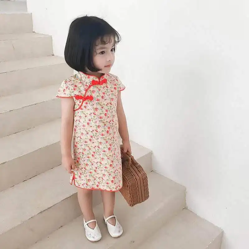 Фото Летний Cheongsam для маленьких девочек, летний улучшенный костюм Тан в китайском стиле в стиле ретро, детское облегающее платье, одежда для дня рождения №4