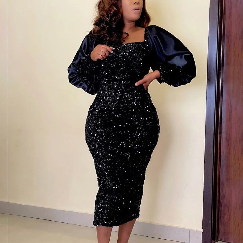 

Sexy Sequined Dresses Women 2023 Square Neck Full Sleeve Package Hip Back Split Mid Calf Elegant Ladies Birthday Party Dress Hot