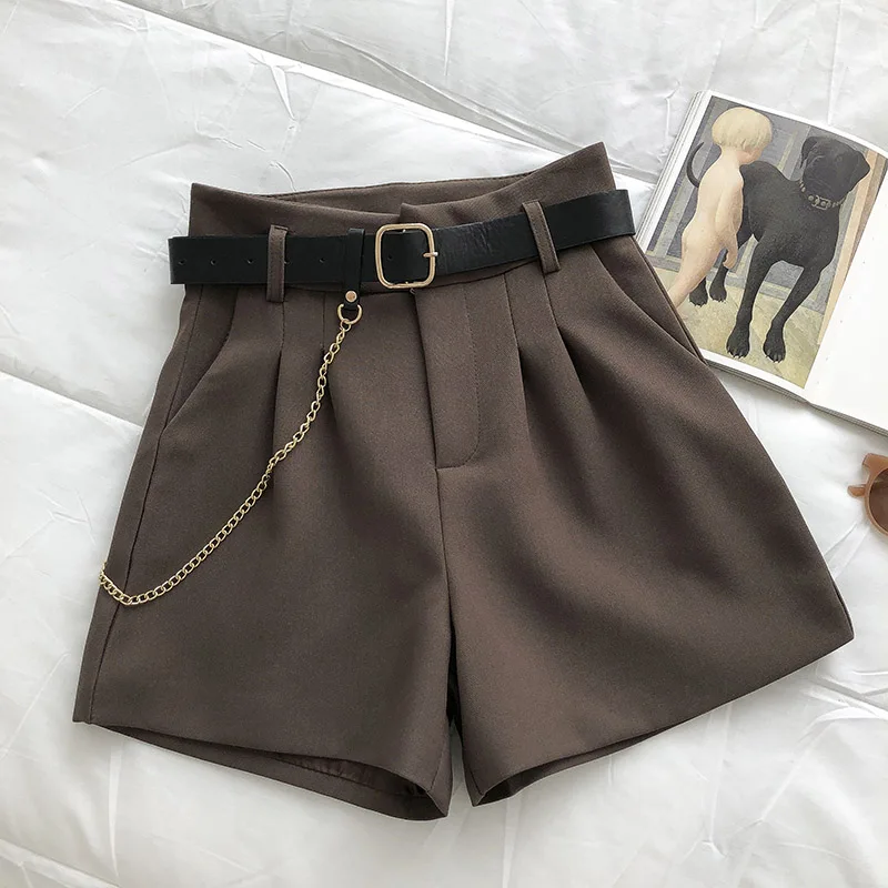Vintage Wide Leg Shorts Women High Waist Woolen Short Pants with Belt Casual Elegant Summer Pockets Streetwear Chain Office Lady