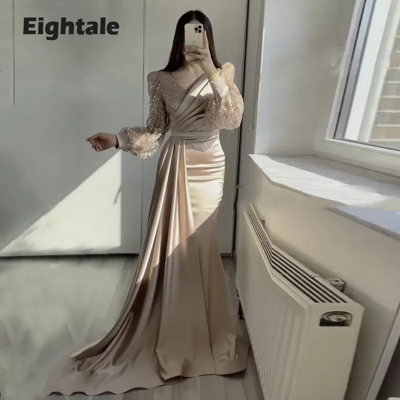 Eightale Evening Dress for Wedding Party V Neck Champagne Glitter Long Puffy Sleeves Mermaid  Satin Arabic Celebrity Prom Gown