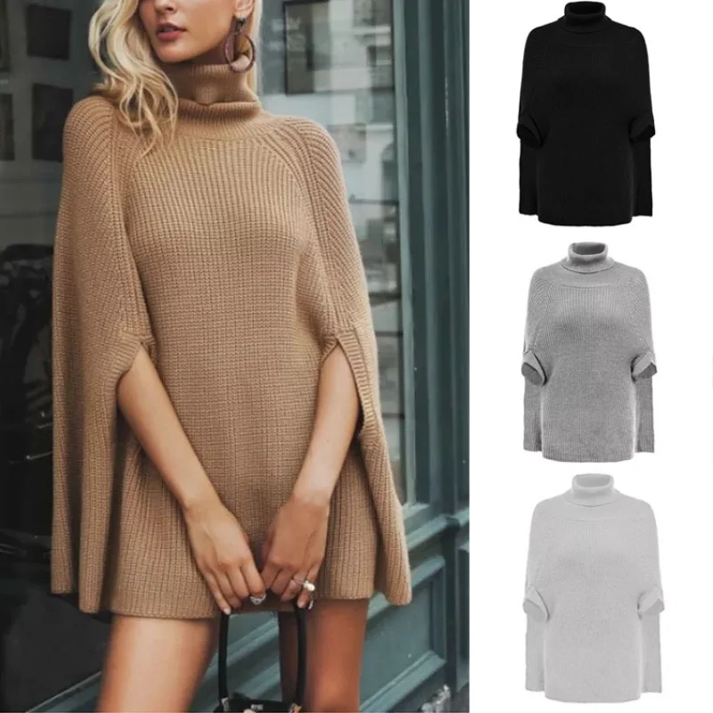 Ladies Solid Color Winter Knit Oversized Turtleneck Rib Turtleneck Poncho Sweater Patterns Crochet Poncho Pullover Women Sweater