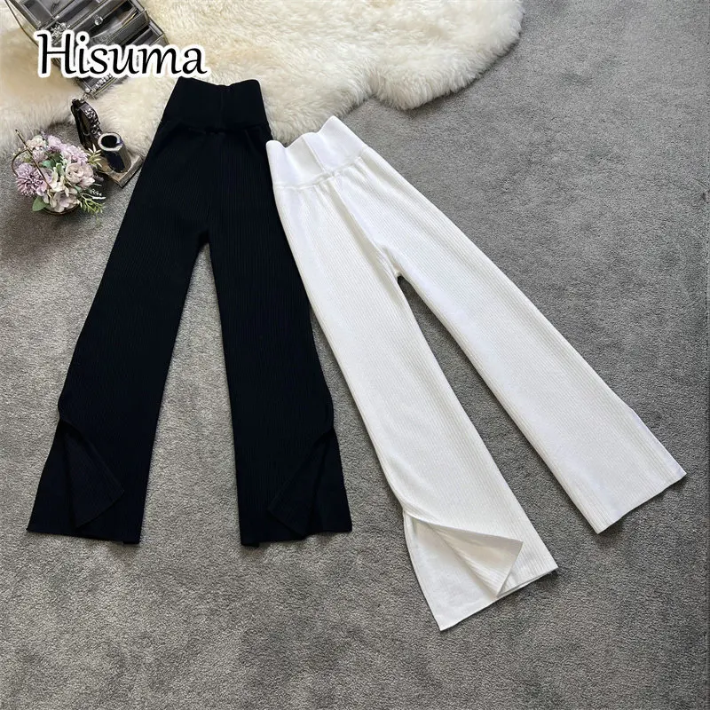 

Новинка Зима 2022, женские трикотажные брюки с высокой талией и разрезом, женские шикарные облегающие однотонные Трикотажные Широкие брюки