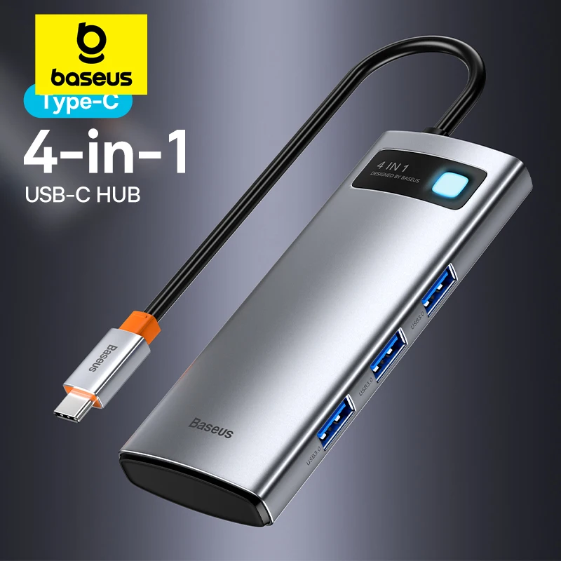 

Baseus 4-in-1 USB Hub Metal Gleam Gen1 USB 3.0 + 4K@30Hz HDMI-Port + 100M Ethernet Port for Laptop Accessories Type C Hub