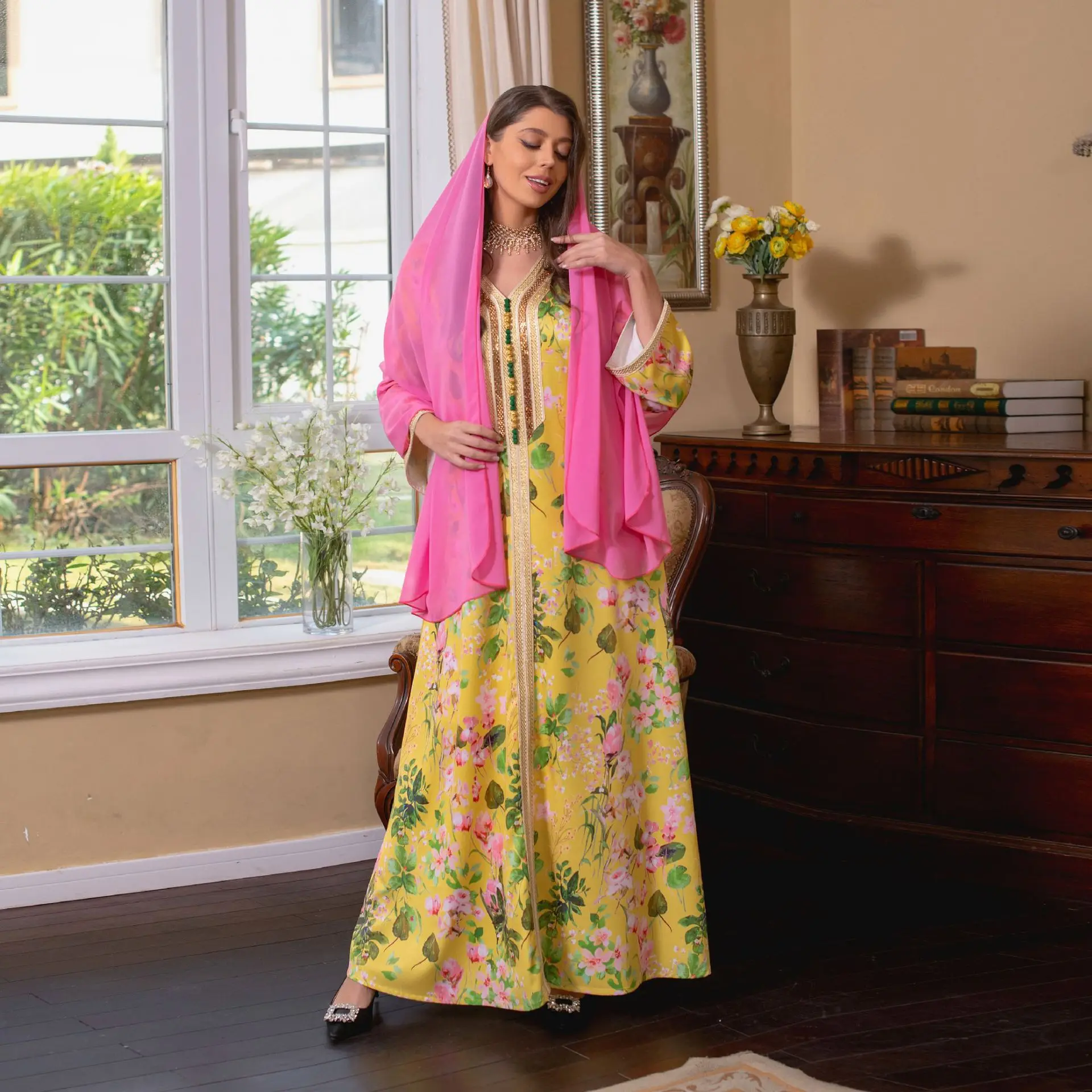 

2023 Muslim Print Hijab Dress for Women Ramadan Arabic Femme Embroidery Abaya Islamic Jalabiya Marocain Clothes Moroccan Kaftan