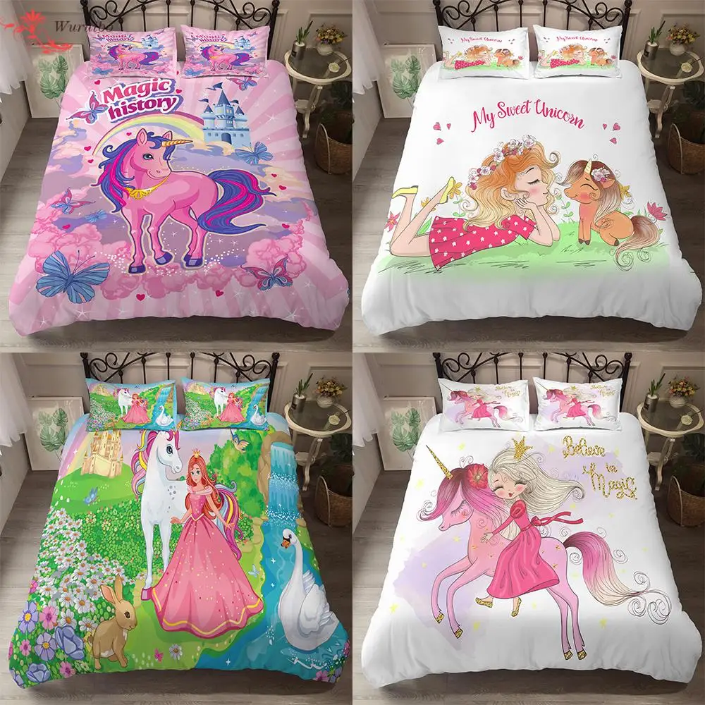 

Homesky Cute Unicorn Castle Bedding Set Duvet Cover Single Twin Size Bed for Princess Girl Dedicated Bedroom Decor Bedclothes